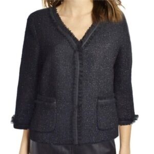 Talbots Wool Tweed Blazer Black Metallic Sparkle Ruffle Holiday Old Money 10P 10